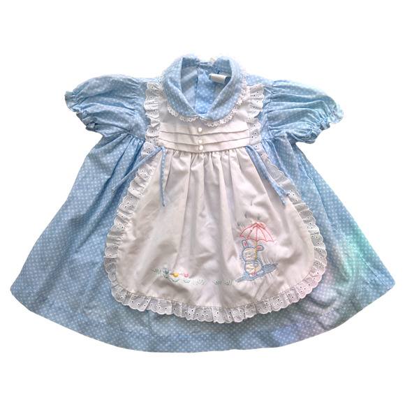 Vintage Girl's Pinafore Apron Dress, Light Blue Lace Rabbit Detail, Sz 18 Months - Picture 1 of 10